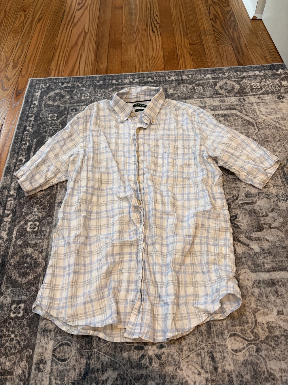 Orvis White and Light Blue Plaid Short Sleeve Button-Down Shirt